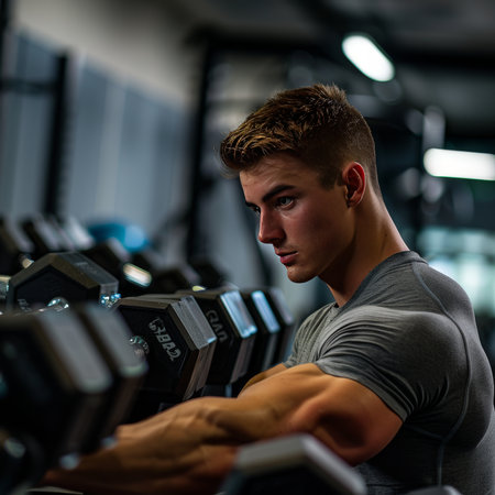 Young man exercising with dumbbells in the gym. Fitness and bodybuilding concept.の素材
