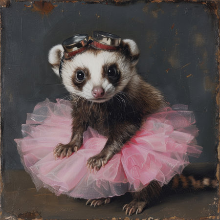 Portrait of a ferret in a pink tutu on a dark backgroundの素材