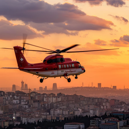 Helicopter flying over the city of Istanbul at sunset, Turkeyの素材