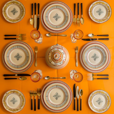 Vintage tableware and cutlery on orange background, top viewの素材
