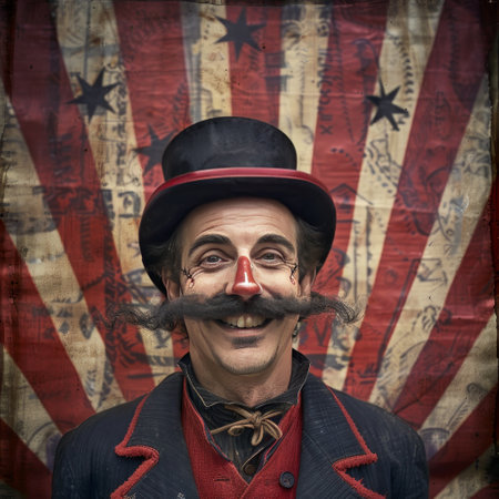 Portrait of a man with a mustache and a top hat on an American flag backgroundの素材