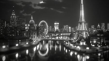 Eiffel Tower and Paris skyline at night, France. Black and whiteの素材