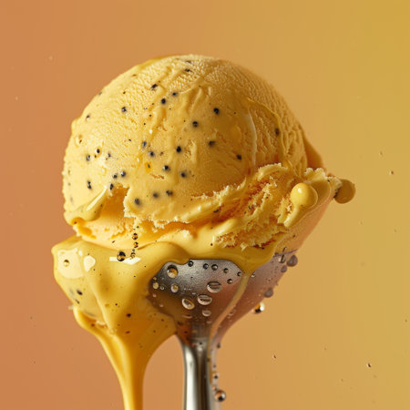 ice cream in a spoon on a yellow background, close-upの素材