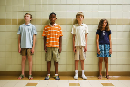 Group of teen boys and girls standing in a row and looking at cameraの素材