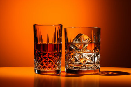 Two glasses of whiskey with ice cubes on orange background. Copy space.の素材