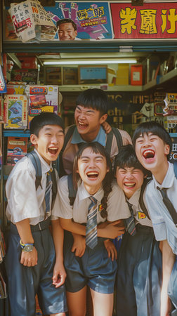 Group of happy Asian students smiling and having fun in the street.の素材
