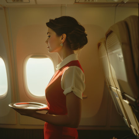 beautiful asian stewardess holding tray with food in airplaneの素材