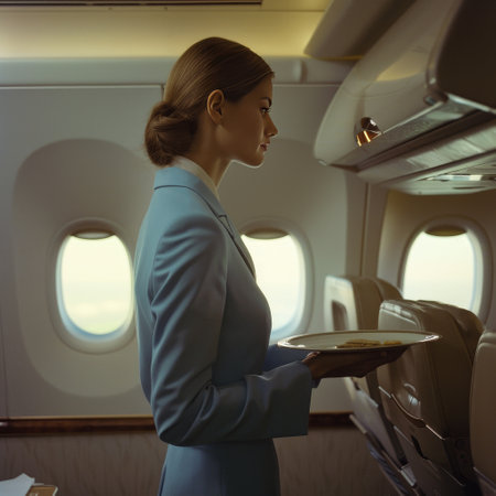Side view of beautiful stewardess holding tray with food in airplaneの素材
