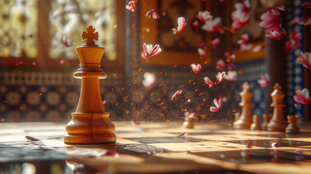 Wooden chess piece on a chessboard with flying fallen leaves.の素材