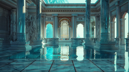 3D CG rendering of grand palace with blue tile floor and reflectionの素材