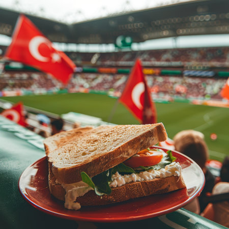 Sandwich with cheese, tomato and lettuce on the background of a football stadiumの素材