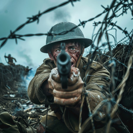 Soldier in a military uniform with a gun in his hand.の素材