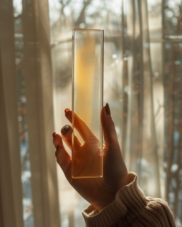 Female hand holds a transparent glass vase on a background of the windowの素材