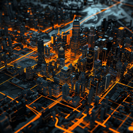 Abstract futuristic city with circuit board and lights. 3d render illustrationの素材