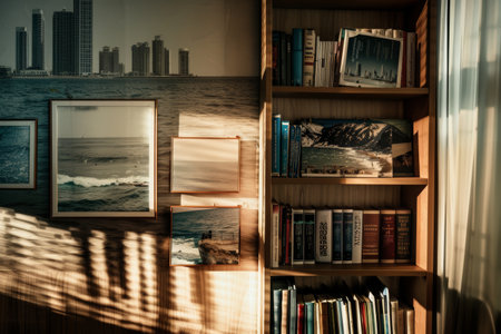 Bookshelf in the living room with a view of the seaの素材