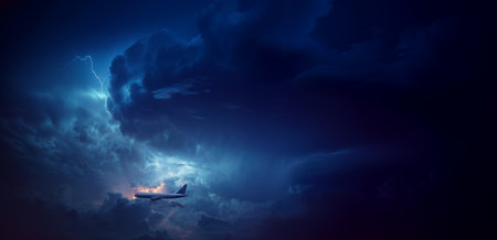 Airplane in the dark stormy sky. 3D Renderingの素材