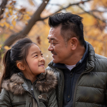 Asian father and daughter in the park in autumn. Family love concept.の素材
