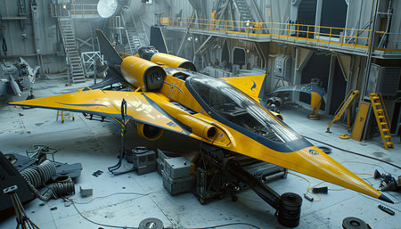 3D rendering of a space ship in a hangar, ready for flightの素材