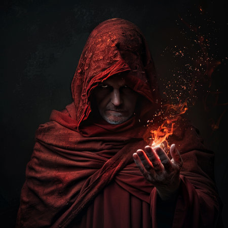 Medieval monk in red robe with burning fire over dark background.の素材