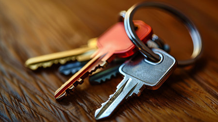 Keys on a wooden background. The concept of buying or selling real estate.の素材