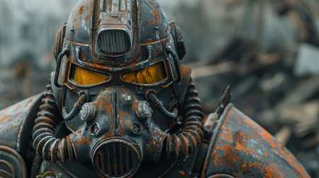 close-up of a gas mask on the background of an industrial buildingの素材