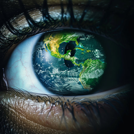 Close up of human eye with Earth planet. Elements of this image furnished by NASAの素材