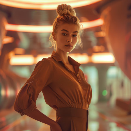 Portrait of a beautiful young woman in a beige dress.の素材