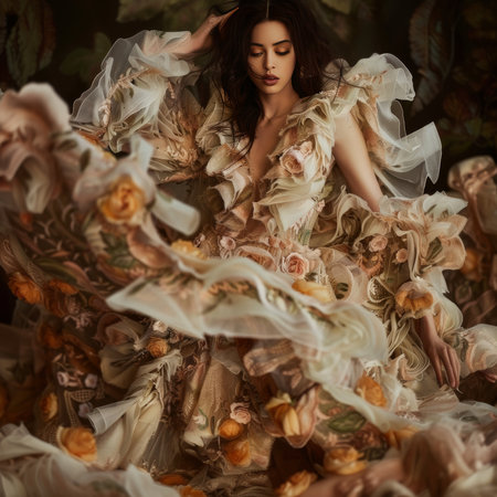 Beautiful young woman in a luxurious dress posing in the interior.の素材