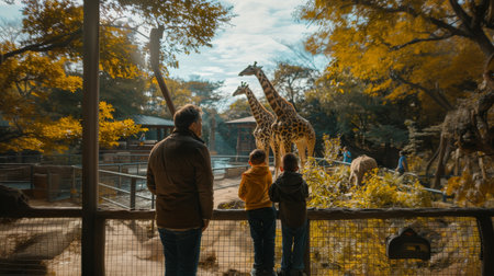 Children and a giraffe at the zoo in the autumn season.の素材