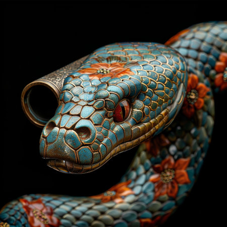 Ceramic snake on black background, close-up view.の素材