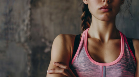 Close-up of a young woman in sportswear standing with her arms crossed on her chest.の素材