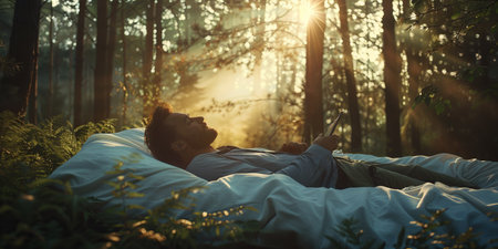 Man lying in bed and using digital tablet in the forest at sunsetの素材