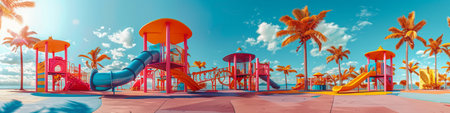 Playground on the beach at sunset. 3d render illustration.の素材