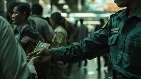 Unidentified Thai police officer take money from the officer at Bangkok Railway Station.の素材