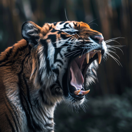 Close up of a tiger yawning and showing its teeth in a zooの素材