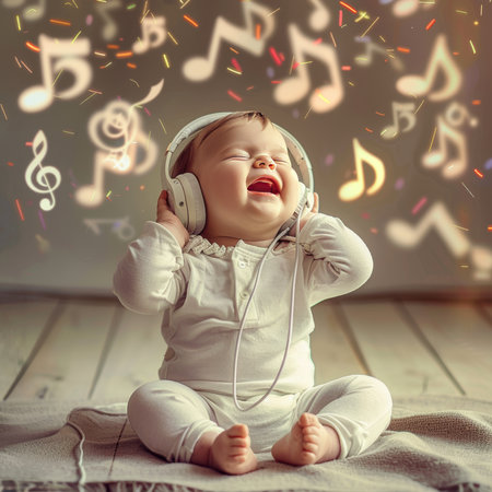 Cute baby girl listening to music with headphones. Music concept.の素材