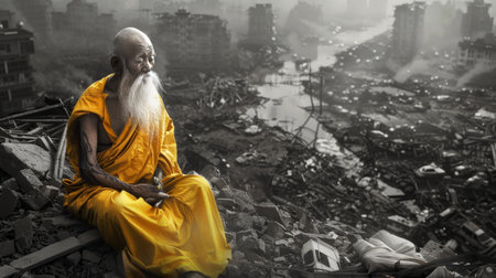 Buddhist monk sitting on the ruins of a ruined building.の素材