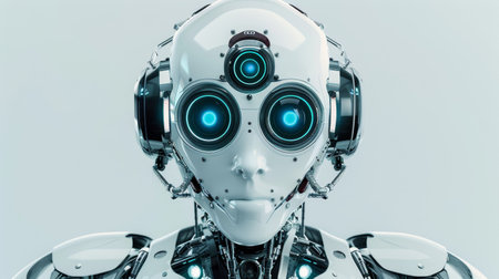 Robot humanoid face with big blue eyes on grey background 3D renderingの素材