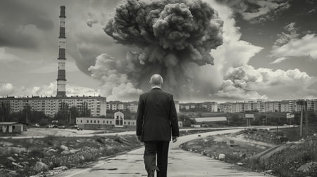 Rear view of a businessman standing on the road and looking at huge smoke cloudの素材