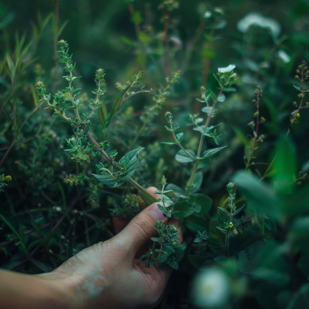 Close-up of a woman's hand holding a twig of thymeの素材