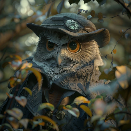 Owl in a hat in the forest. 3d illustration.の素材