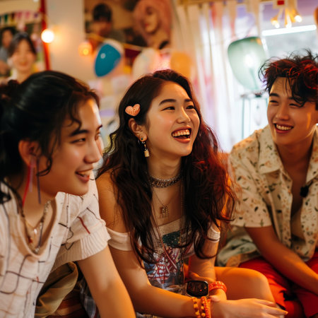 Group of happy young asian friends having fun at night party.の素材