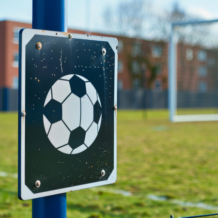 Soccer or football field sign on a blue metal pole with a soccer ballの素材