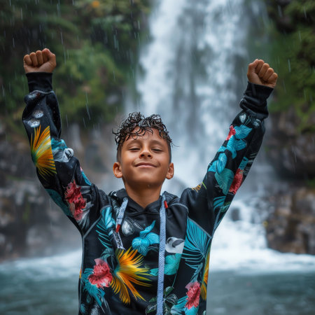 Asian boy standing in front of waterfall with arms outstretched in the rainの素材