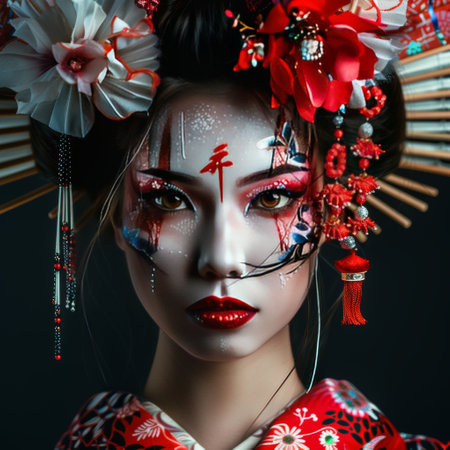 Portrait of a beautiful geisha in traditional kimono.の素材