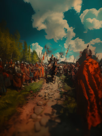Medieval battle scene with cavalry and infantry, 3d rendering. Computer digital drawing.の素材