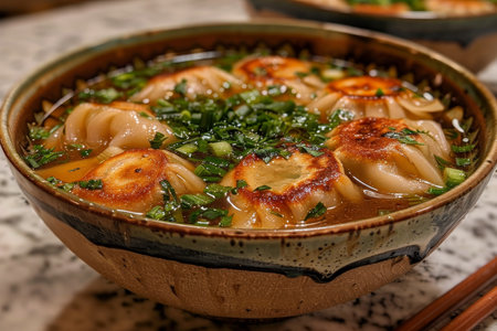 Rice noodles with scallops and parsley in a bowlの素材