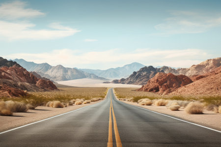 Road in the desert with mountains and blue sky. 3d renderingの素材