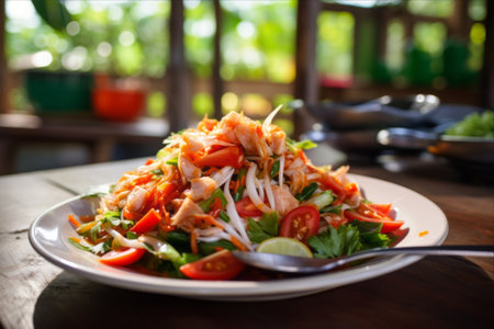 Thai spicy papaya salad with chicken and vegetables on wooden tableの素材