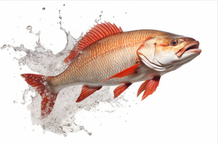 Red tilapia fish jumping in water isolated on white background.の素材